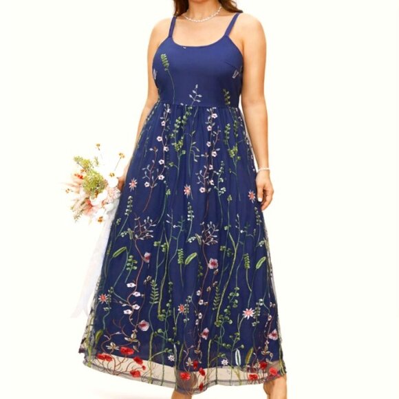 U Neck Floral Embroidered Mesh Cami Dress - Picture 1 of 4